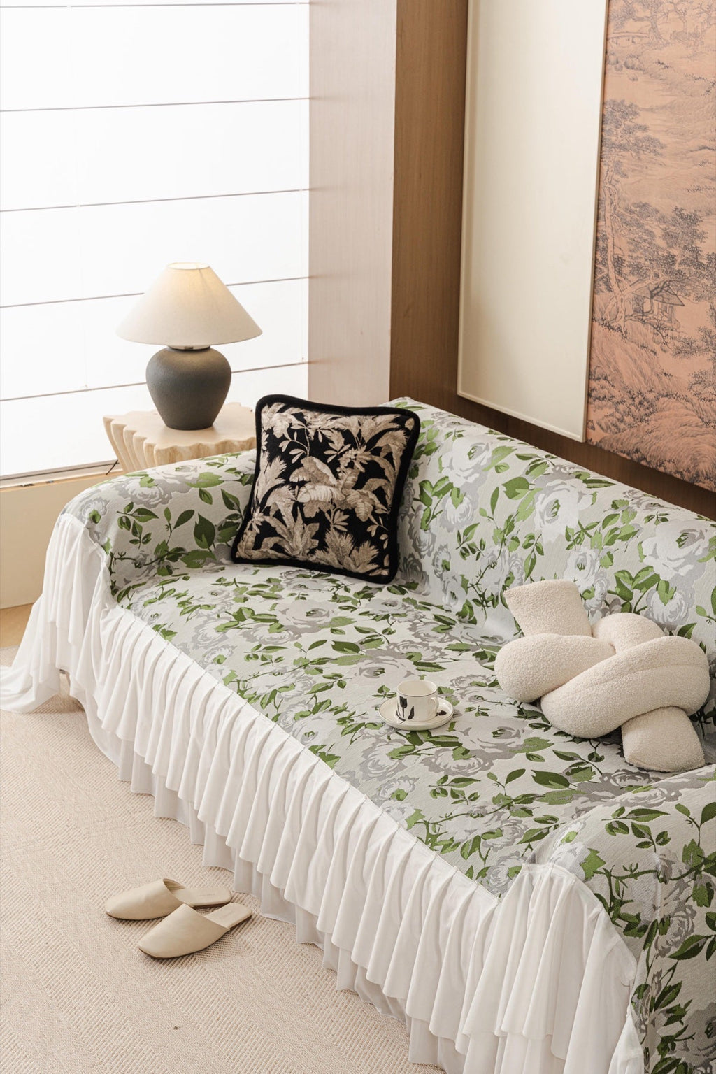 Sofa Decor Camellia Skirted Floral Sofa Throw Cover in Soft Sage Floral - styled skirted sofa throw for floral sofa throw covers in the UK