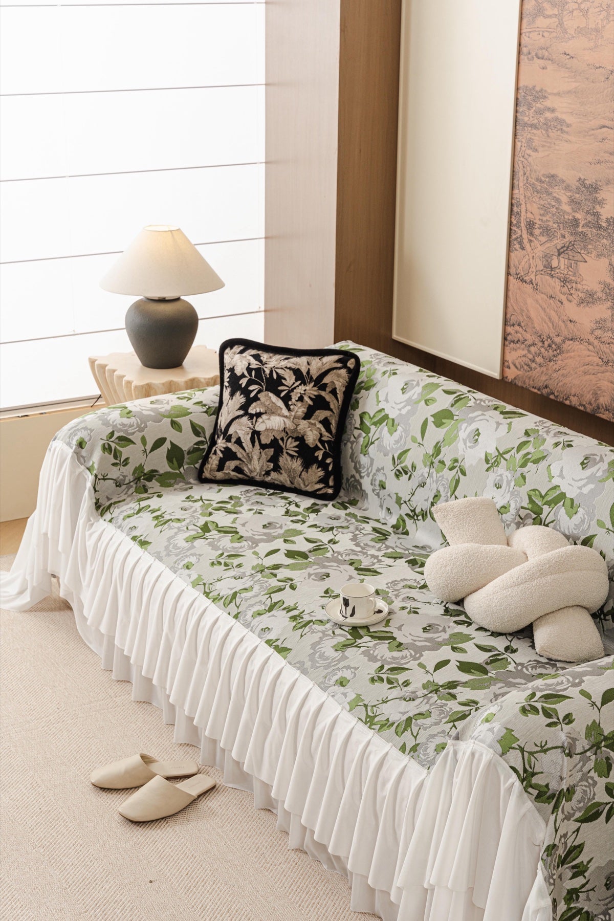 Sofa Decor Camellia Skirted Floral Sofa Throw Cover in Soft Sage Floral - styled skirted sofa throw for floral sofa throw covers in the UK
