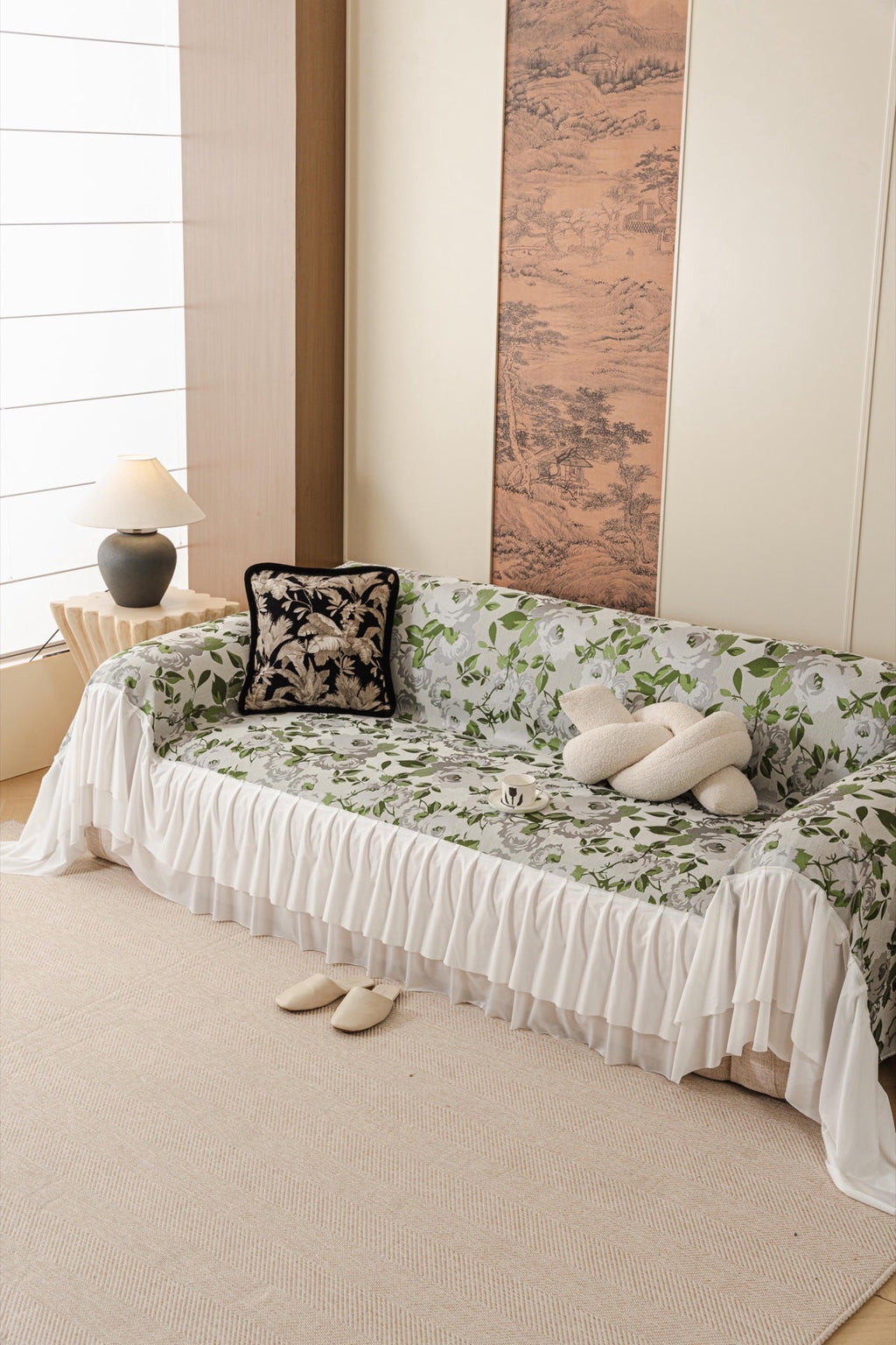Sofa Decor Camellia Skirted Floral Sofa Throw Cover in Soft Sage Floral - styled skirted sofa throw for floral sofa throw covers in the UK