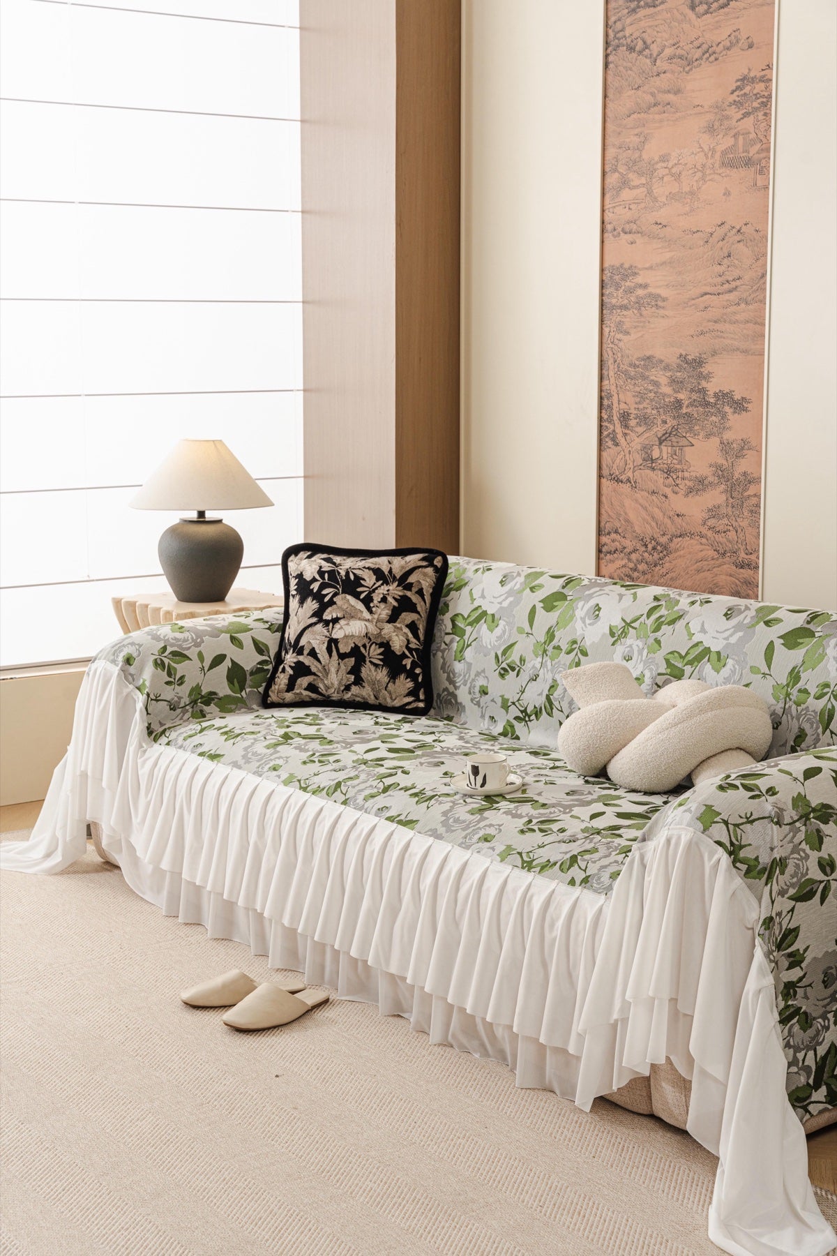 Sofa Decor Camellia Skirted Floral Sofa Throw Cover in Soft Sage Floral - styled skirted sofa throw for floral sofa throw covers in the UK