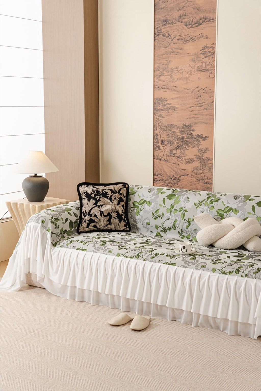 Sofa Decor Camellia Skirted Floral Sofa Throw Cover in Soft Sage Floral - styled skirted sofa throw for floral sofa throw covers in the UK