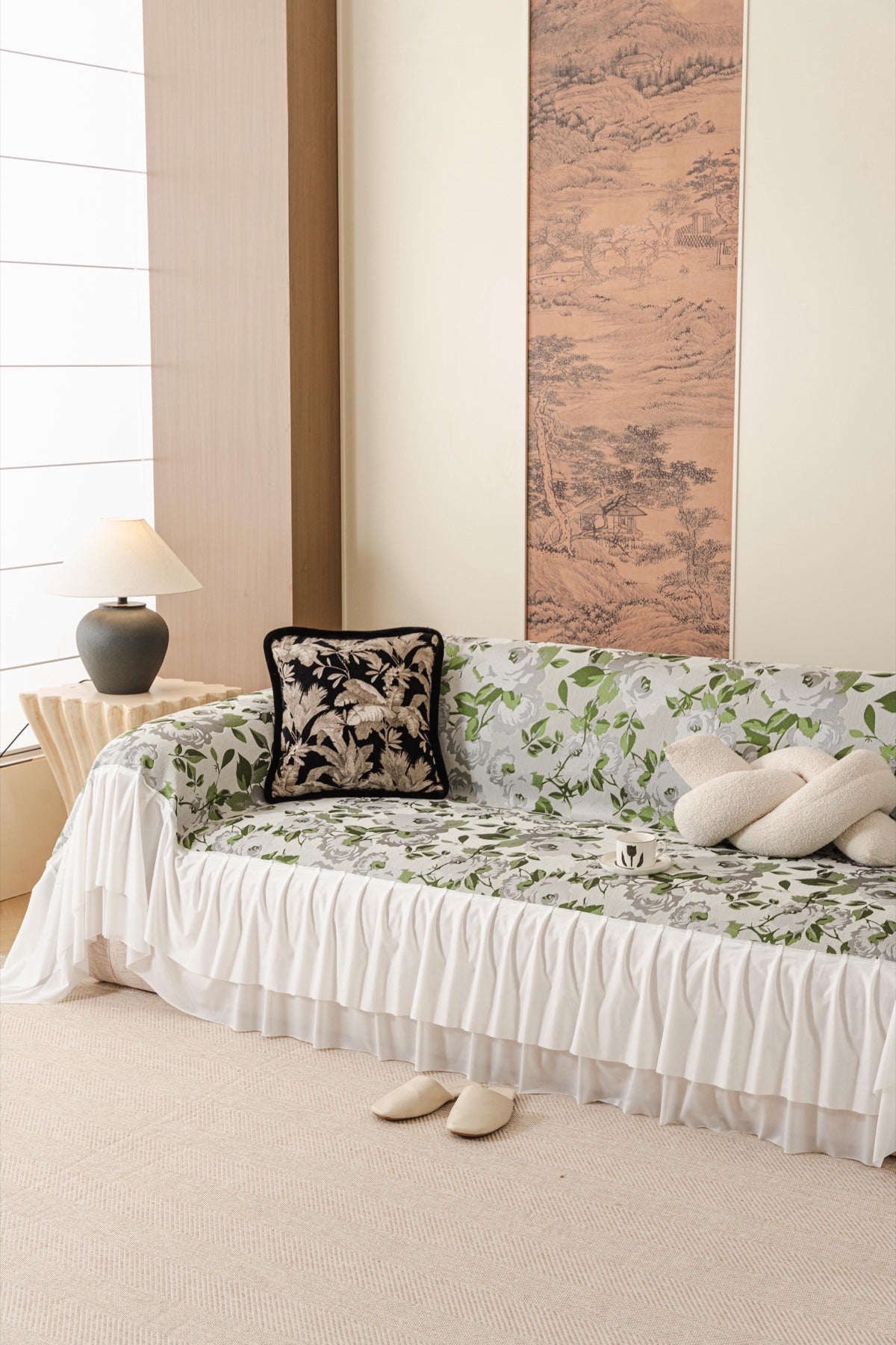 Sofa Decor Camellia Skirted Floral Sofa Throw Cover in Soft Sage Floral - styled skirted sofa throw for floral sofa throw covers in the UK