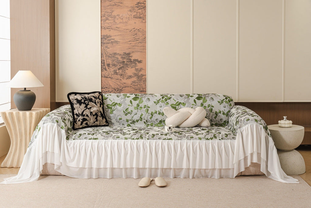 Sofa Decor Camellia Skirted Floral Sofa Throw Cover in Soft Sage Floral - front sofa fit view for floral sofa throw covers in the UK