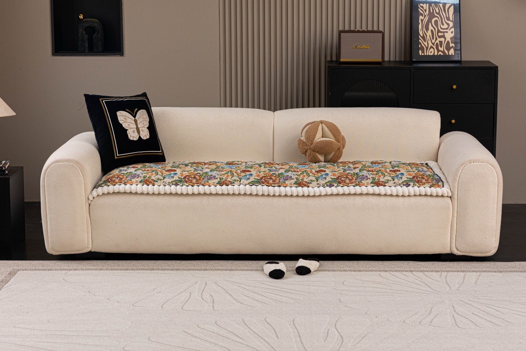 Sofa Decor Celeste Floral Jacquard Sofa Seat Cover in Ivory Garden Floral - front sofa fit view for floral sofa seat covers in the UK