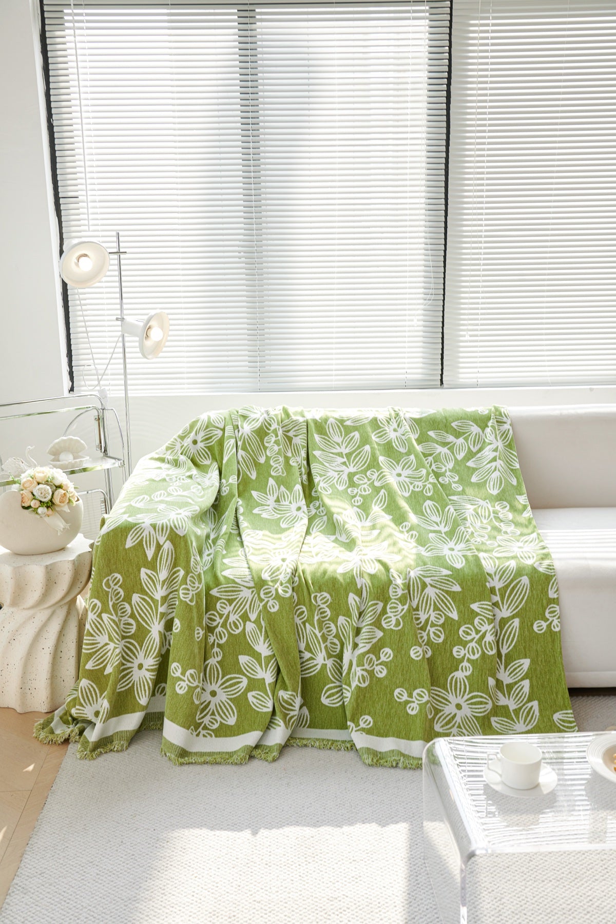 Sofa Decor Celia Floral Vine Fringe Sofa Throw Cover in Apple Green - floral vine sofa throw cover styled couch cover in the UK, image 26