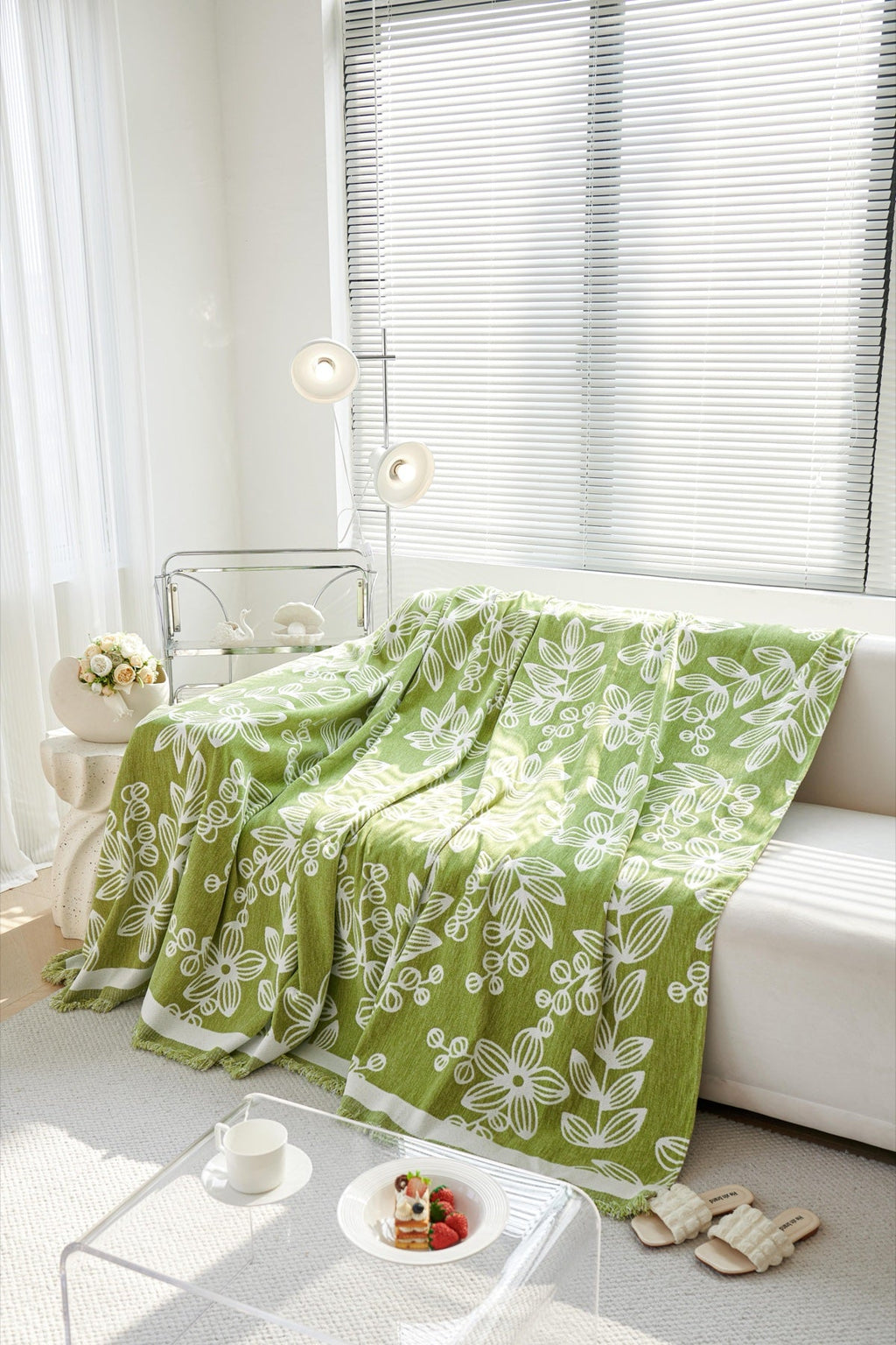 Sofa Decor Celia Floral Vine Fringe Sofa Throw Cover in Apple Green - floral vine sofa throw cover styled couch cover in the UK, image 27