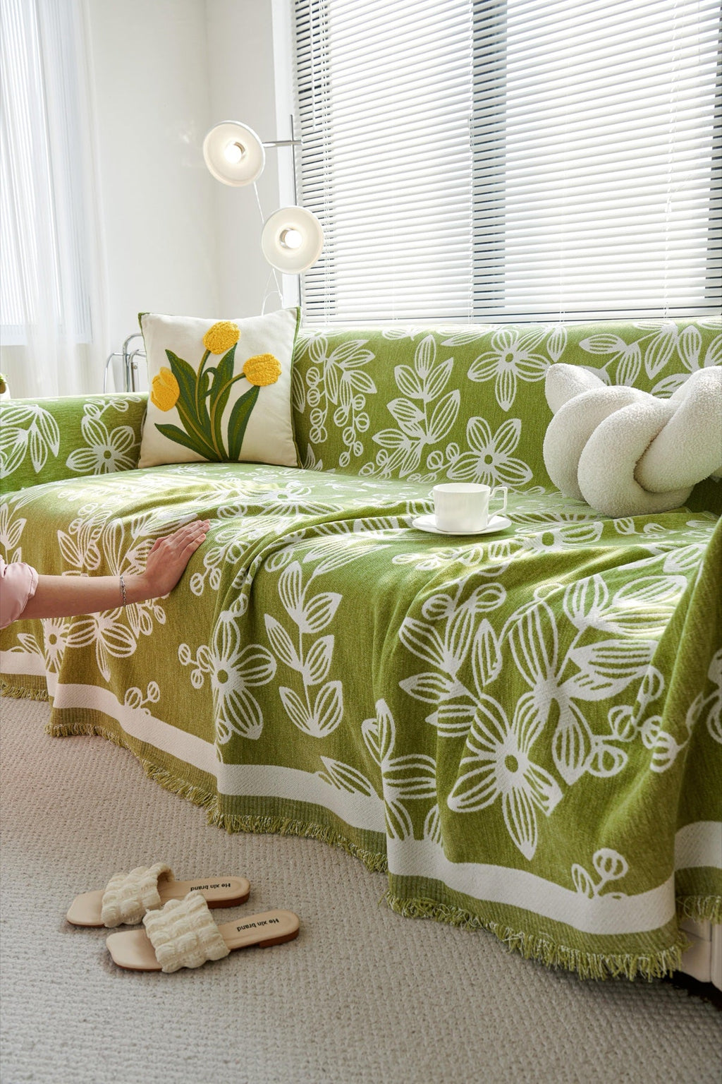 Sofa Decor Celia Floral Vine Fringe Sofa Throw Cover in Apple Green - floral vine sofa throw cover styled couch cover in the UK, image 28