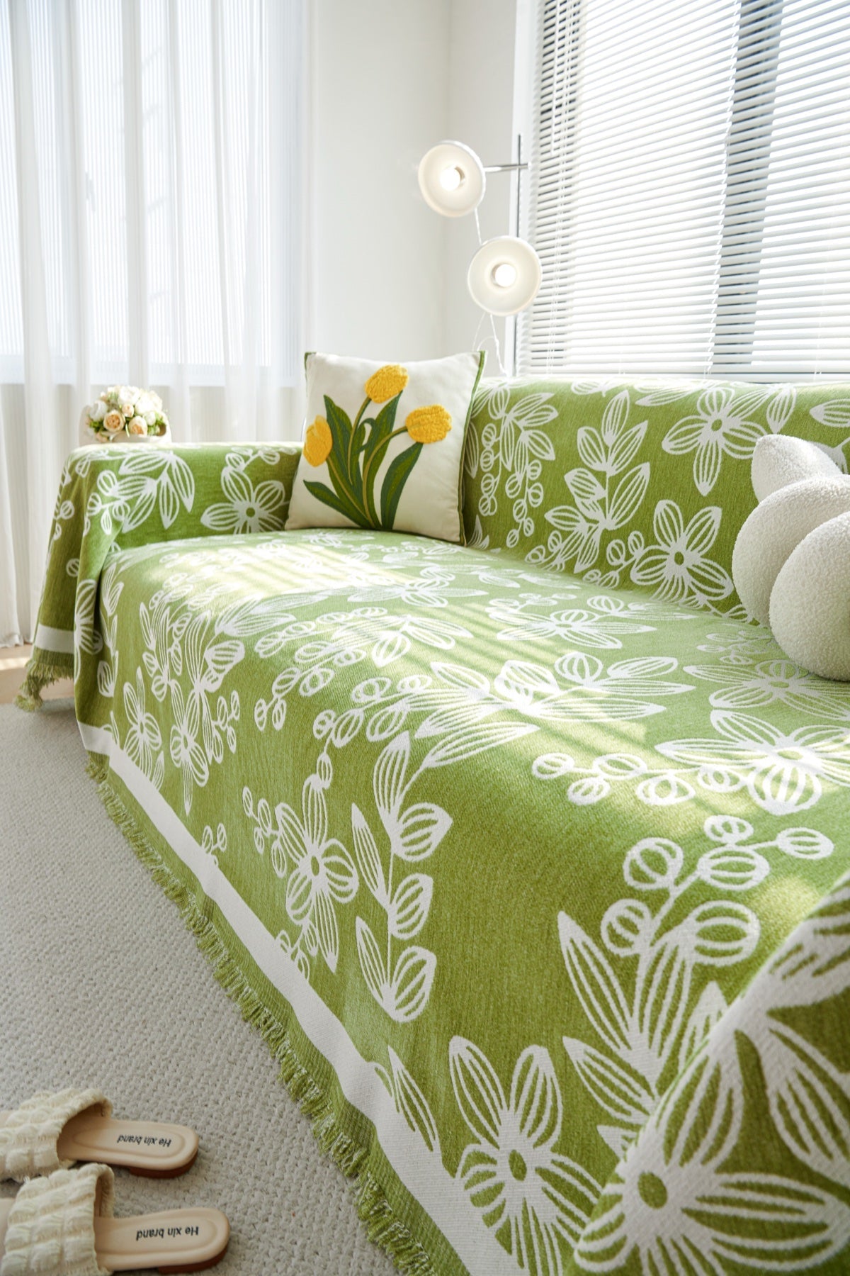 Sofa Decor Celia Floral Vine Fringe Sofa Throw Cover in Apple Green - floral vine sofa throw cover styled couch cover in the UK, image 31