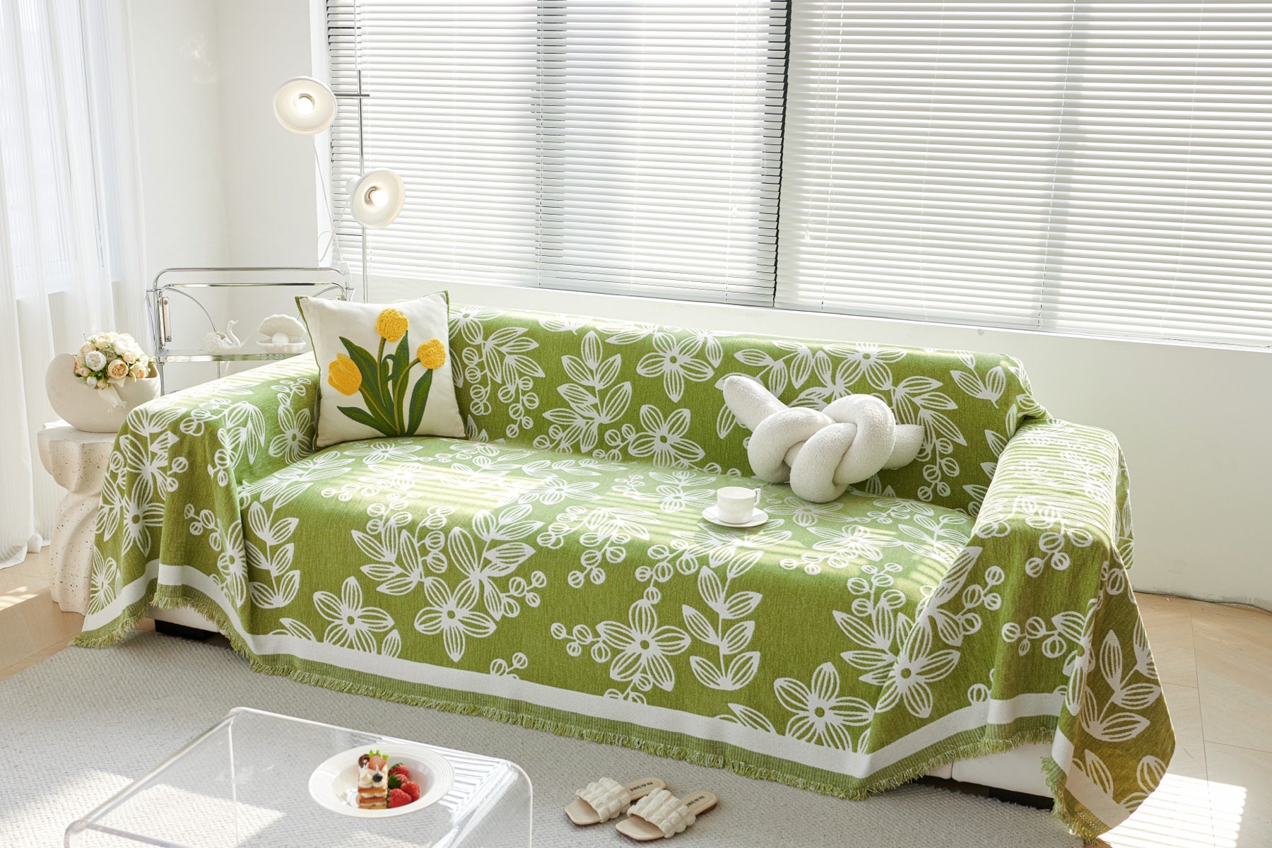 Sofa Decor Celia Floral Vine Fringe Sofa Throw Cover in Apple Green - floral vine sofa throw cover full sofa styling in the UK, image 32