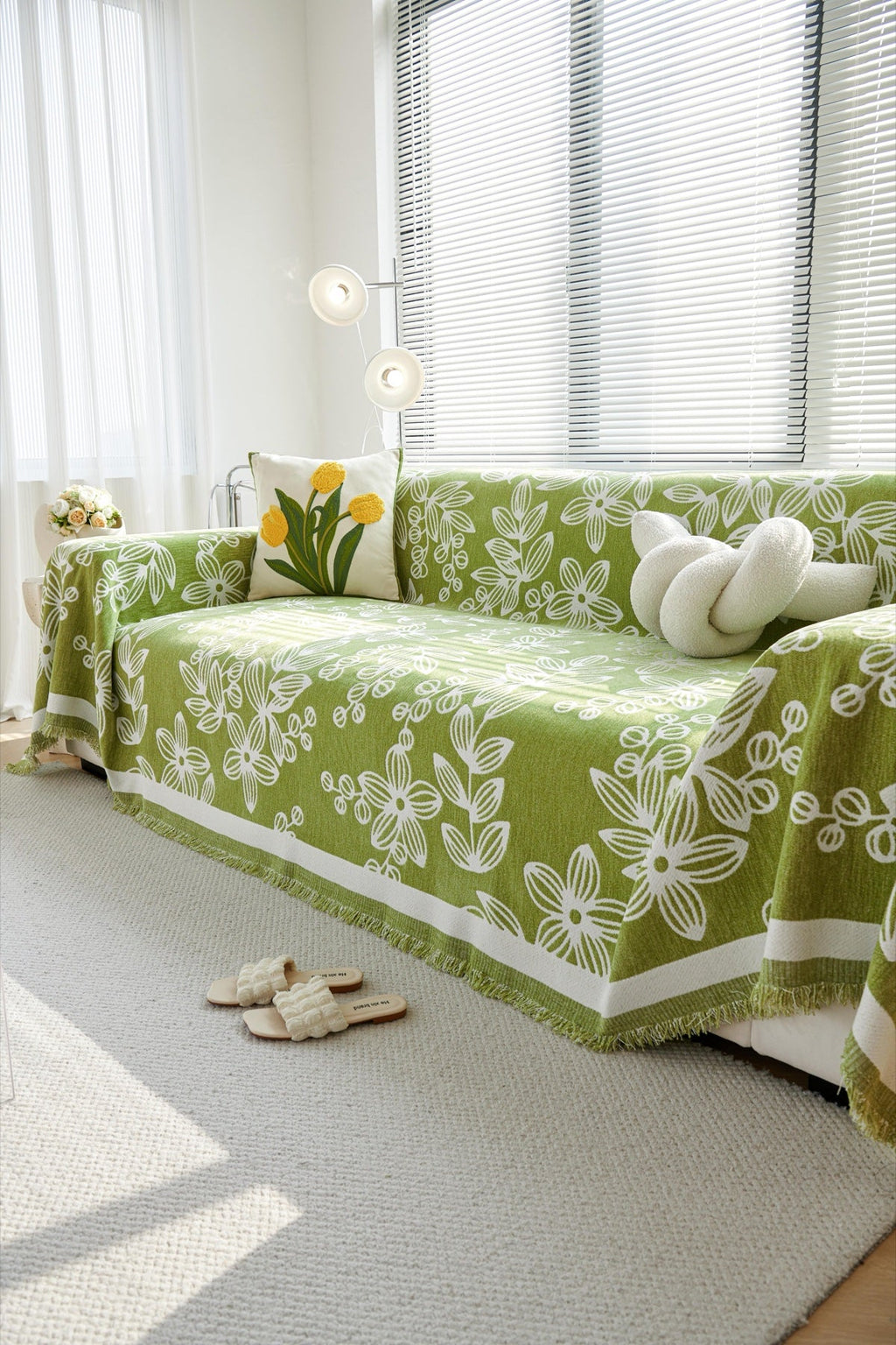 Sofa Decor Celia Floral Vine Fringe Sofa Throw Cover in Apple Green - floral vine sofa throw cover styled couch cover in the UK, image 33