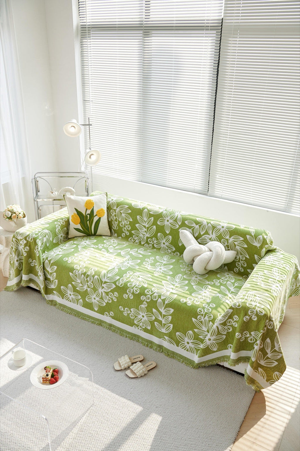 Sofa Decor Celia Floral Vine Fringe Sofa Throw Cover in Apple Green - floral vine sofa throw cover full sofa styling in the UK, image 34