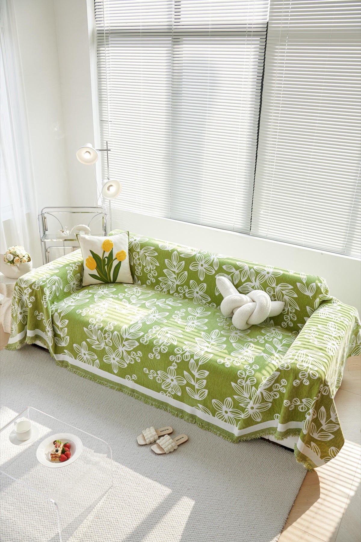 Sofa Decor Celia Floral Vine Fringe Sofa Throw Cover in Apple Green - floral vine sofa throw cover full sofa styling in the UK, image 34