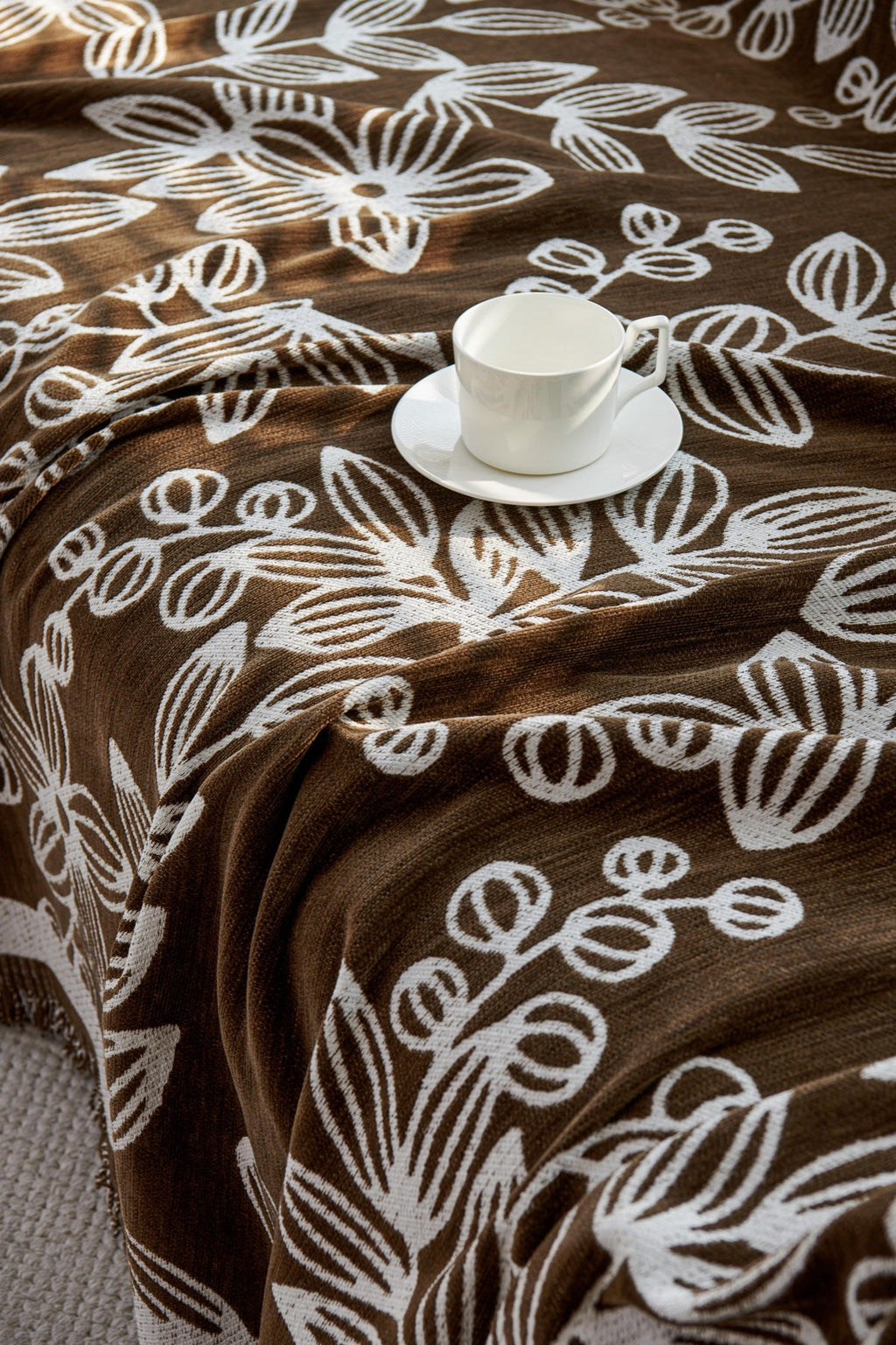 Sofa Decor Celia Floral Vine Fringe Sofa Throw Cover in Cocoa Vine - floral vine sofa throw cover fabric and edge detail in the UK, image 1