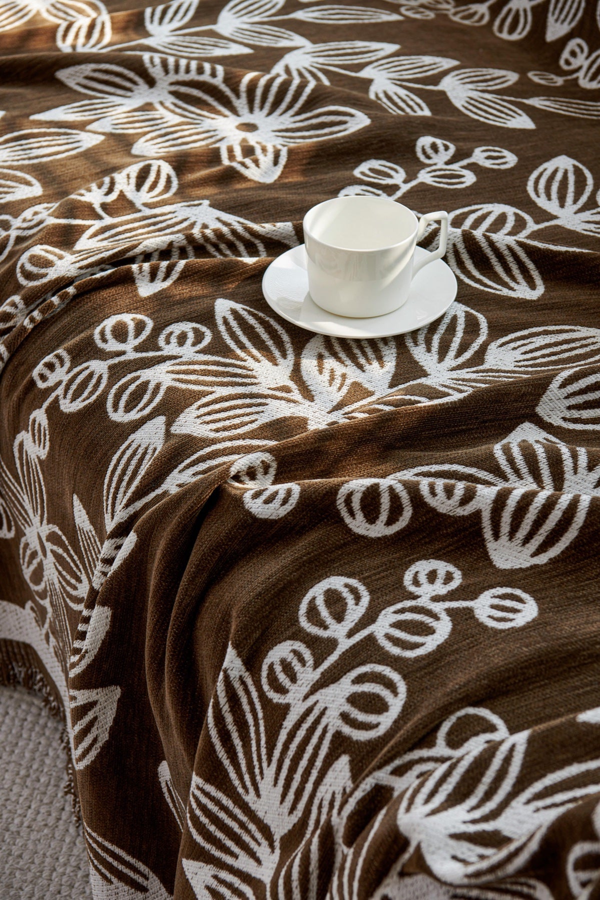 Sofa Decor Celia Floral Vine Fringe Sofa Throw Cover in Cocoa Vine - floral vine sofa throw cover fabric and edge detail in the UK, image 1