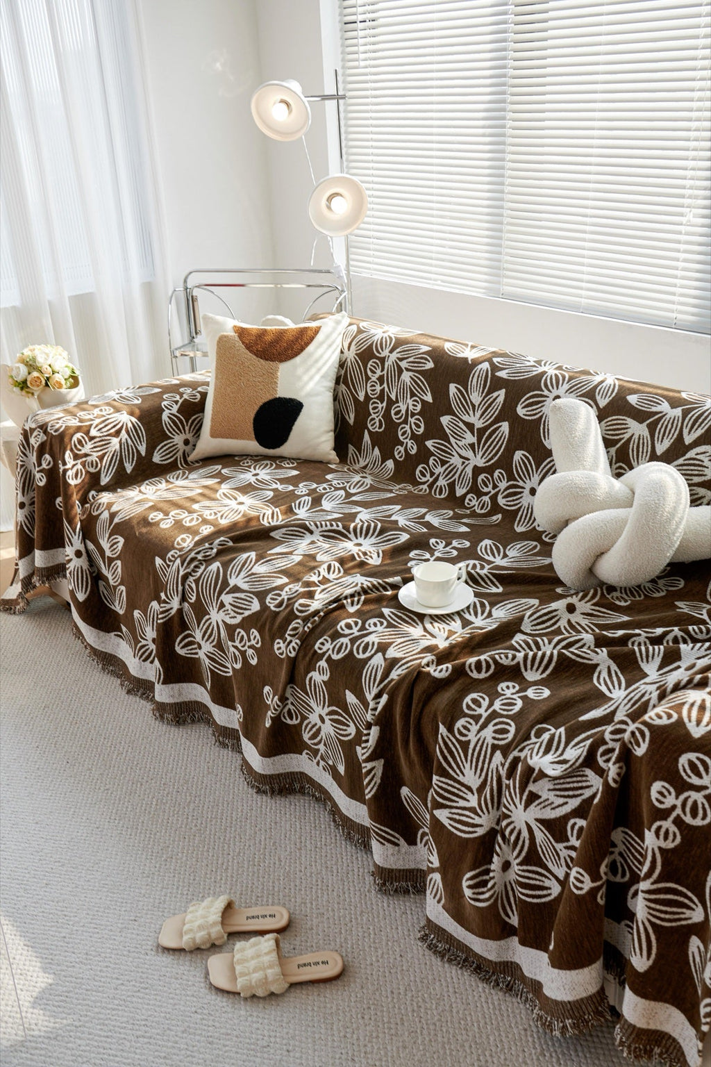 Sofa Decor Celia Floral Vine Fringe Sofa Throw Cover in Cocoa Vine - floral vine sofa throw cover styled couch cover in the UK, image 2