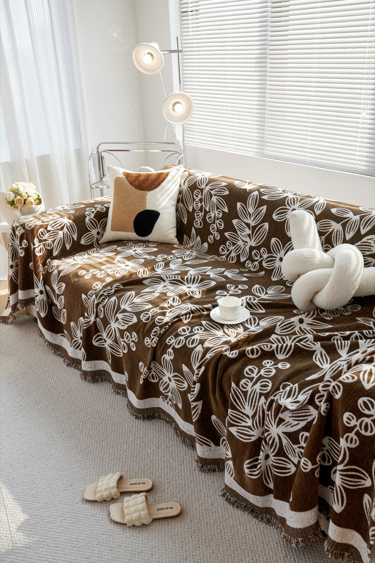 Sofa Decor Celia Floral Vine Fringe Sofa Throw Cover in Cocoa Vine - floral vine sofa throw cover styled couch cover in the UK, image 2