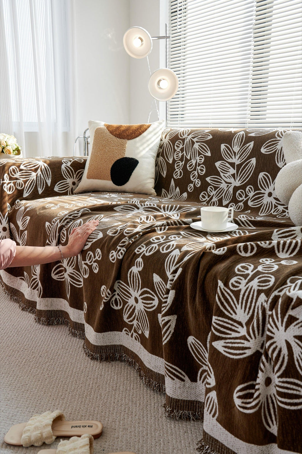 Sofa Decor Celia Floral Vine Fringe Sofa Throw Cover in Cocoa Vine - floral vine sofa throw cover styled couch cover in the UK, image 3