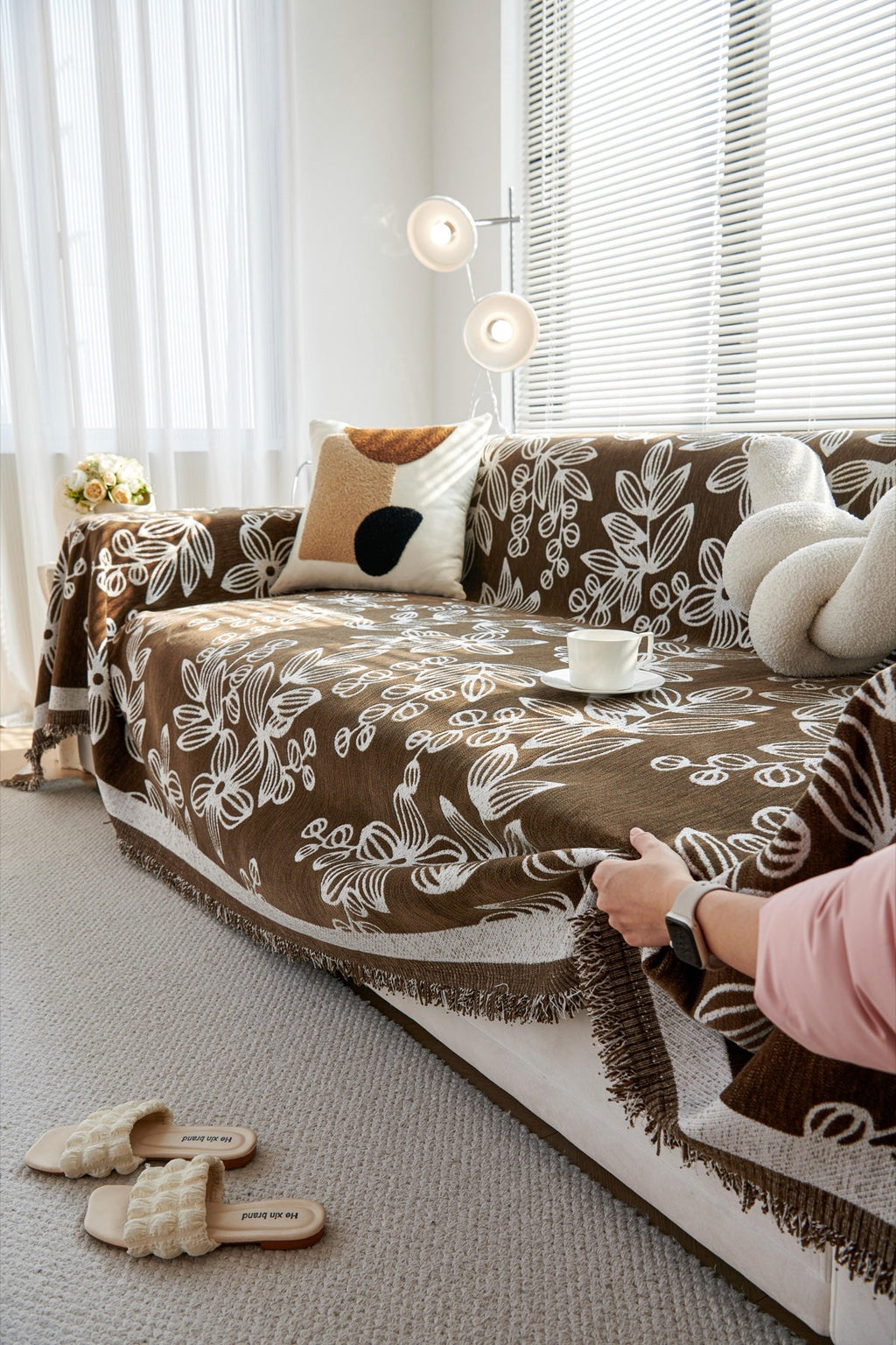 Sofa Decor Celia Floral Vine Fringe Sofa Throw Cover in Cocoa Vine - floral vine sofa throw cover styled couch cover in the UK, image 4