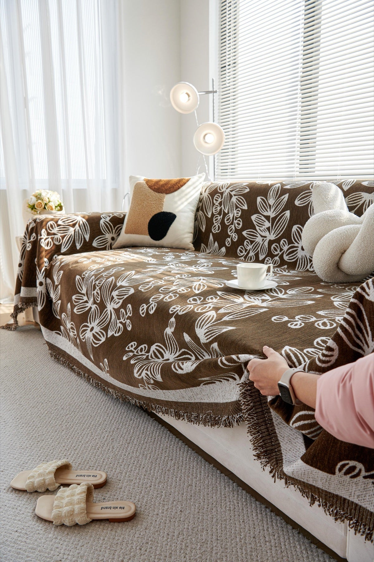 Sofa Decor Celia Floral Vine Fringe Sofa Throw Cover in Cocoa Vine - floral vine sofa throw cover styled couch cover in the UK, image 4