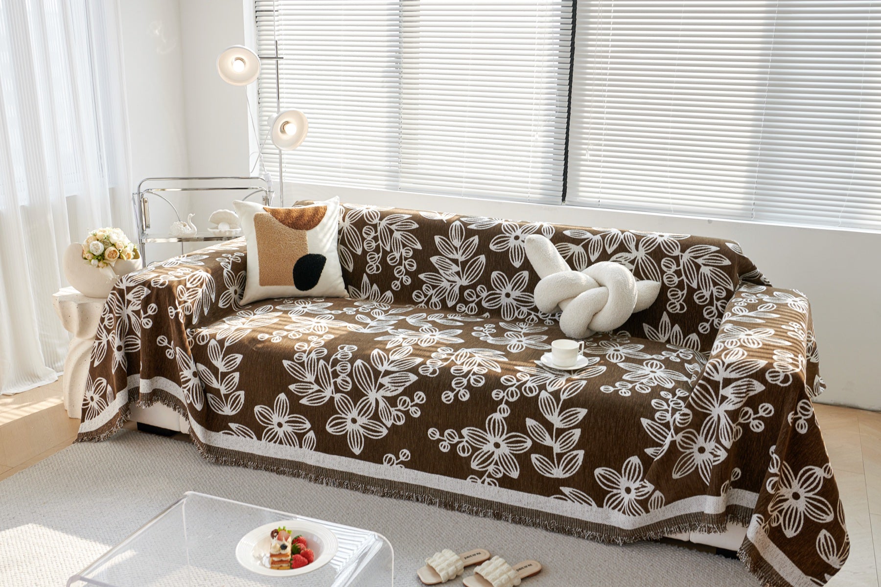 Sofa Decor Celia Floral Vine Fringe Sofa Throw Cover in Cocoa Vine - floral vine sofa throw cover styled couch cover in the UK, image 5
