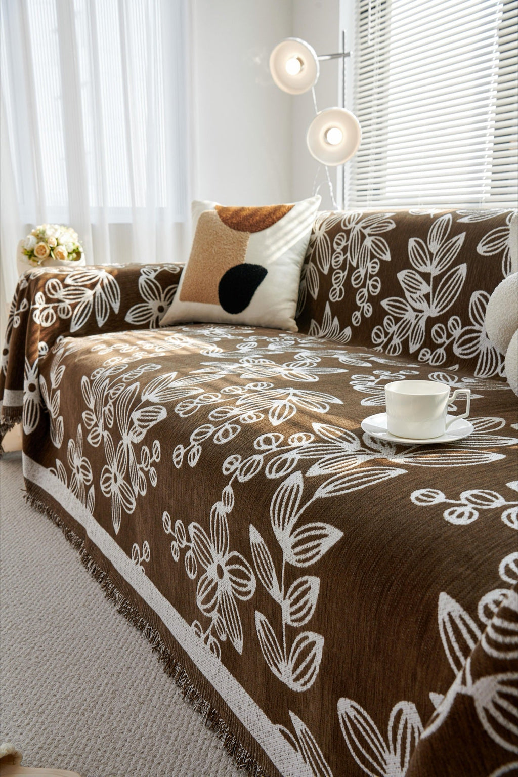 Sofa Decor Celia Floral Vine Fringe Sofa Throw Cover in Cocoa Vine - floral vine sofa throw cover styled couch cover in the UK, image 7