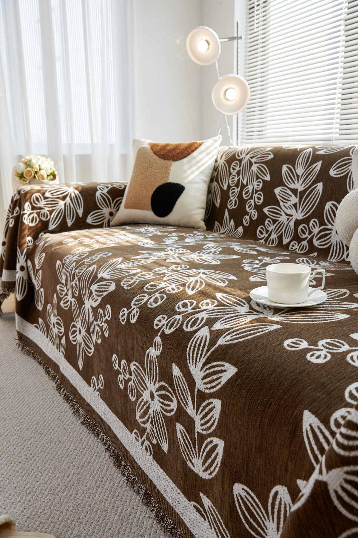 Sofa Decor Celia Floral Vine Fringe Sofa Throw Cover in Cocoa Vine - floral vine sofa throw cover styled couch cover in the UK, image 7