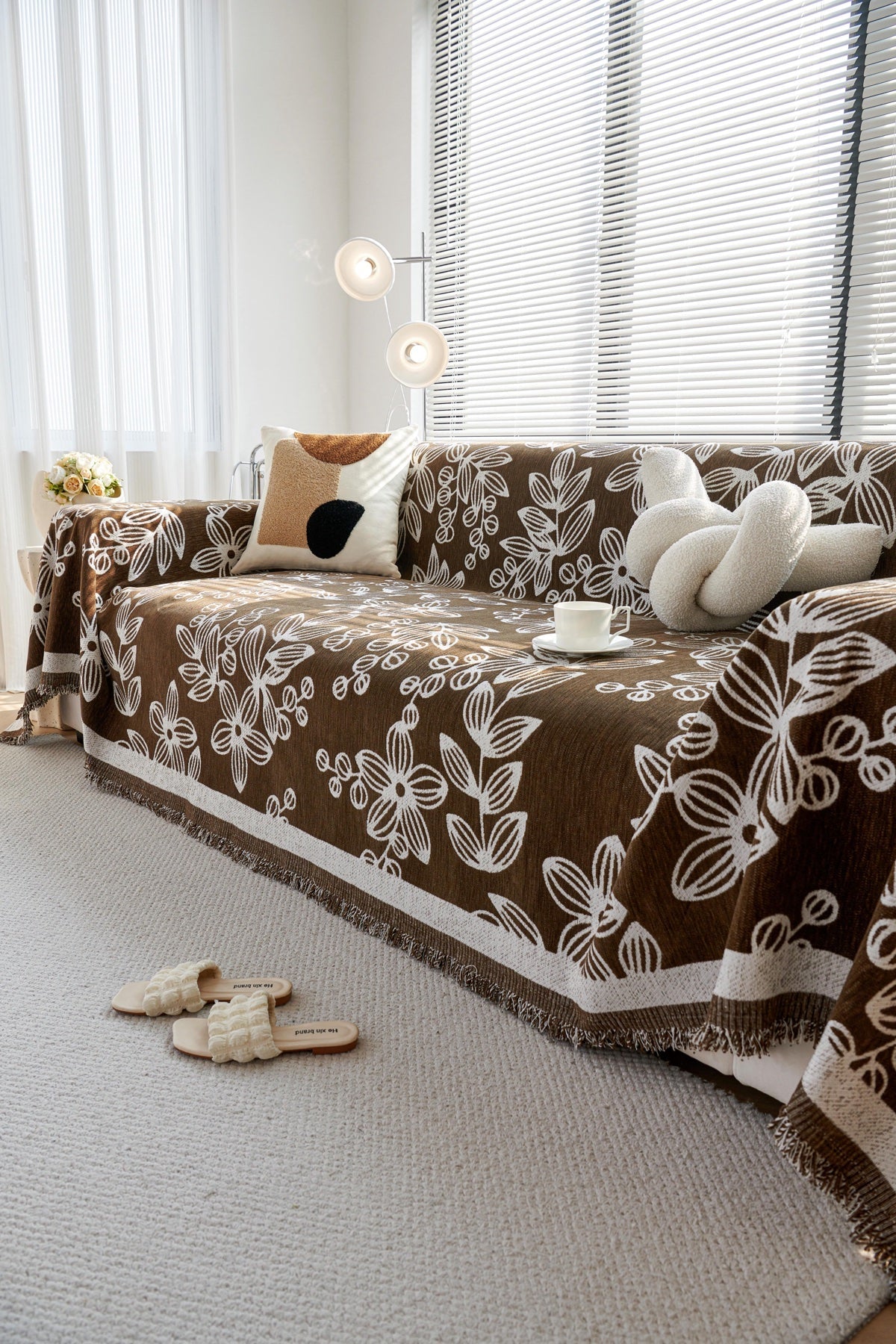 Sofa Decor Celia Floral Vine Fringe Sofa Throw Cover in Cocoa Vine - floral vine sofa throw cover styled couch cover in the UK, image 8