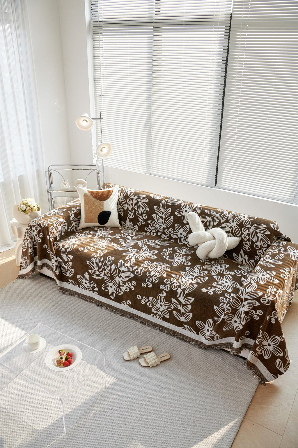 Sofa Decor Celia Floral Vine Fringe Sofa Throw Cover in Cocoa Vine - floral vine sofa throw cover styled couch cover in the UK, image 10
