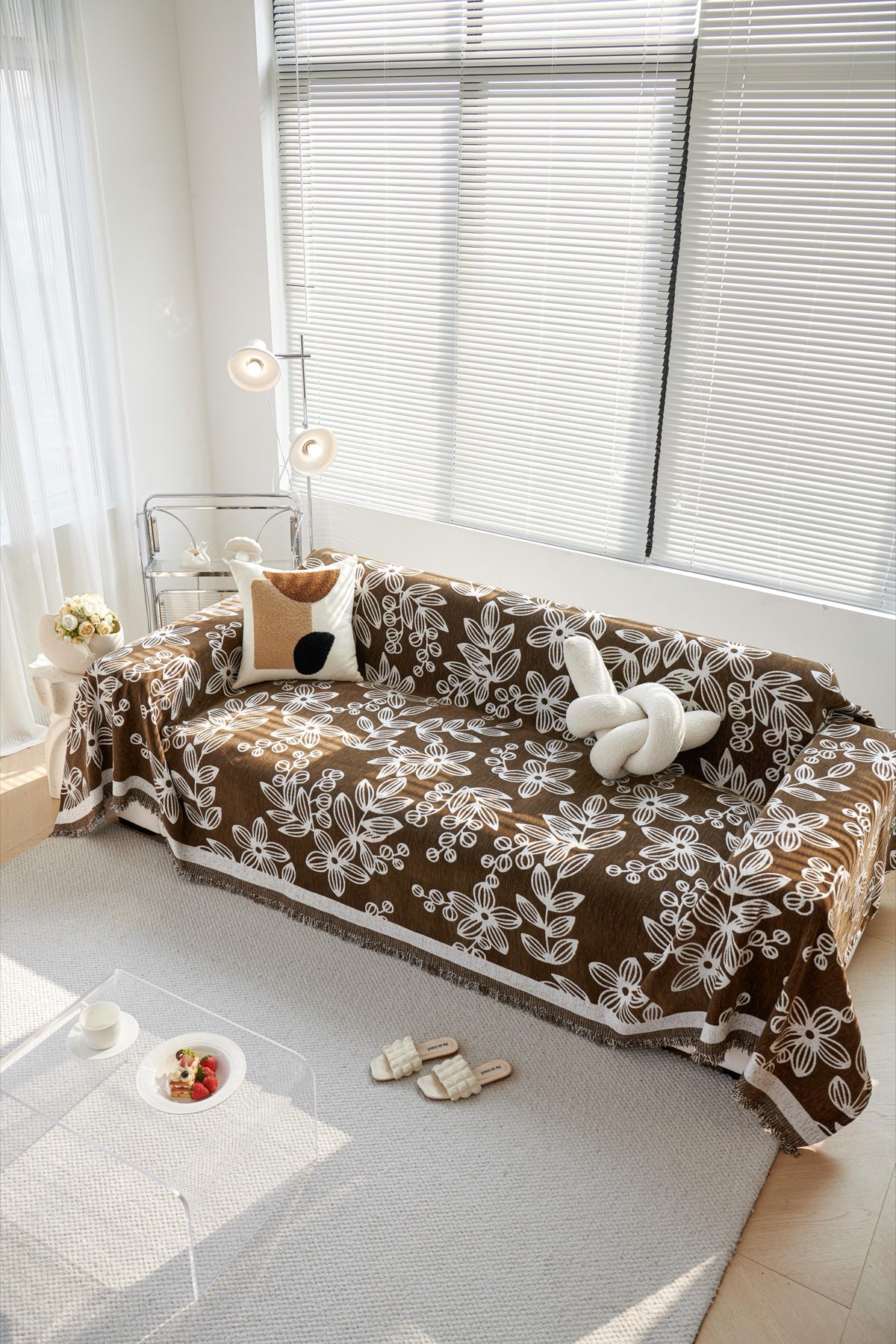 Sofa Decor Celia Floral Vine Fringe Sofa Throw Cover in Cocoa Vine - floral vine sofa throw cover styled couch cover in the UK, image 10