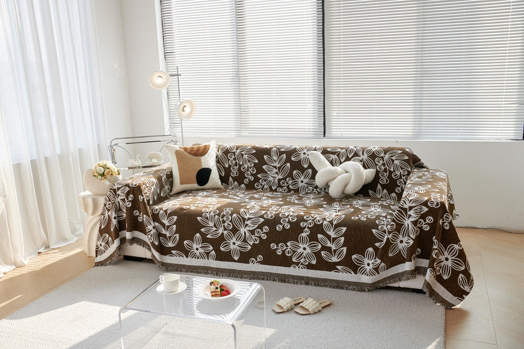 Sofa Decor Celia Floral Vine Fringe Sofa Throw Cover in Cocoa Vine - floral vine sofa throw cover styled couch cover in the UK, image 11