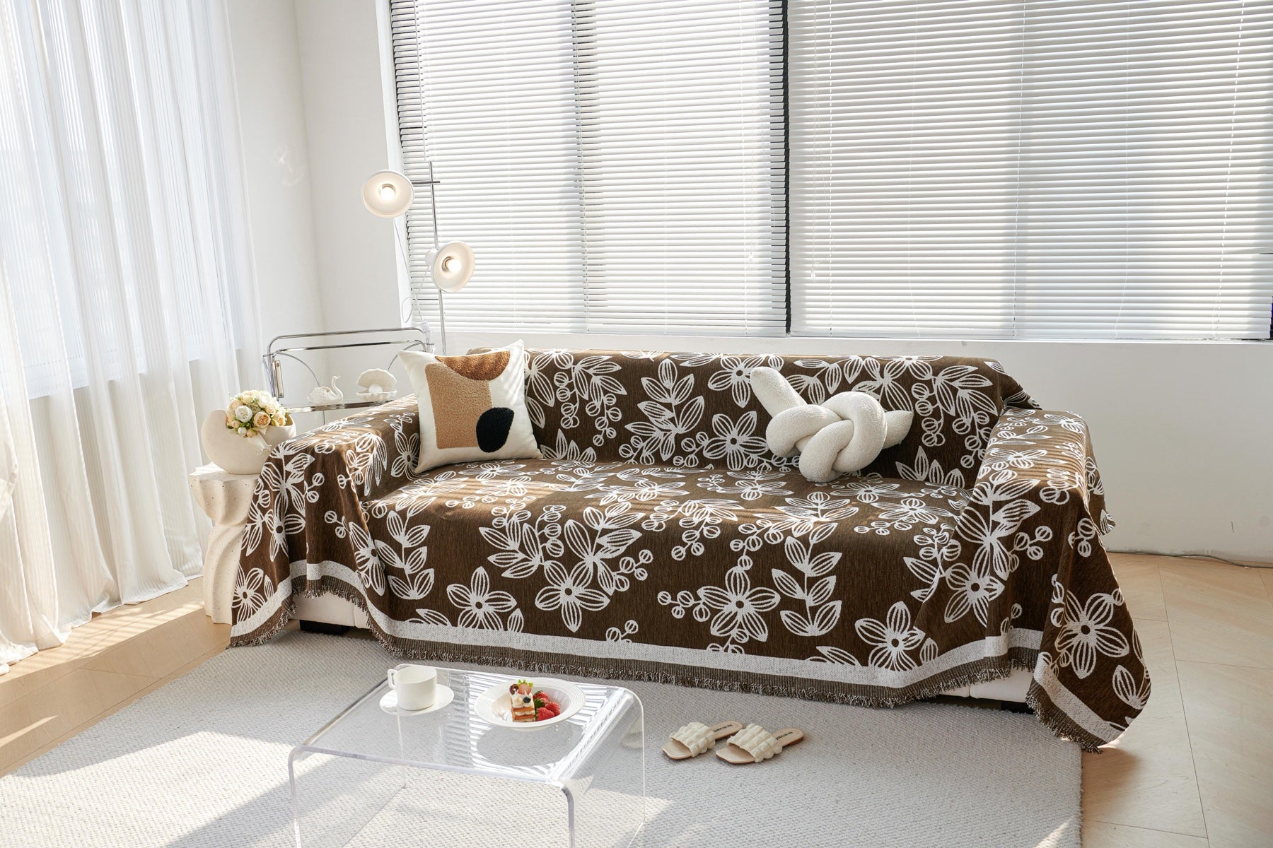 Sofa Decor Celia Floral Vine Fringe Sofa Throw Cover in Cocoa Vine - floral vine sofa throw cover styled couch cover in the UK, image 11