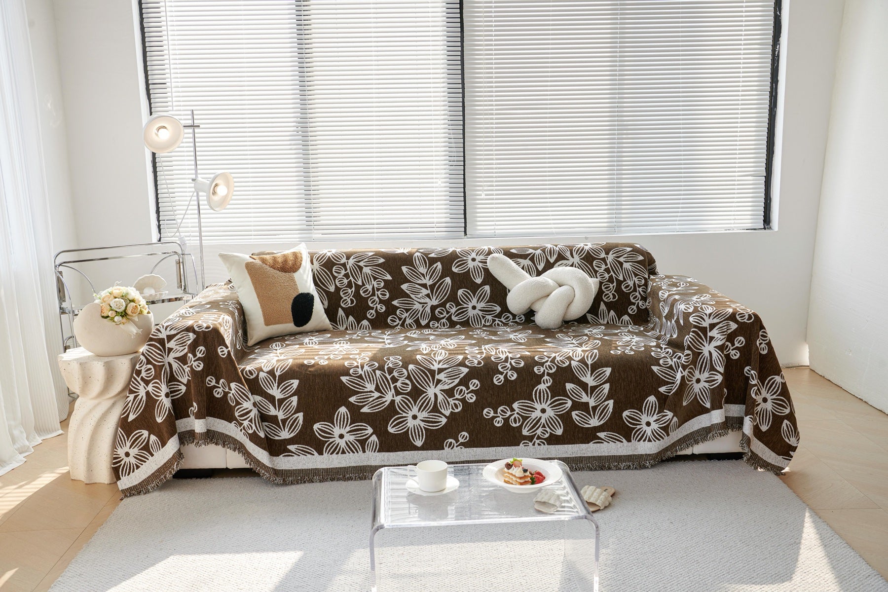 Sofa Decor Celia Floral Vine Fringe Sofa Throw Cover in Cocoa Vine - floral vine sofa throw cover styled couch cover in the UK, image 12