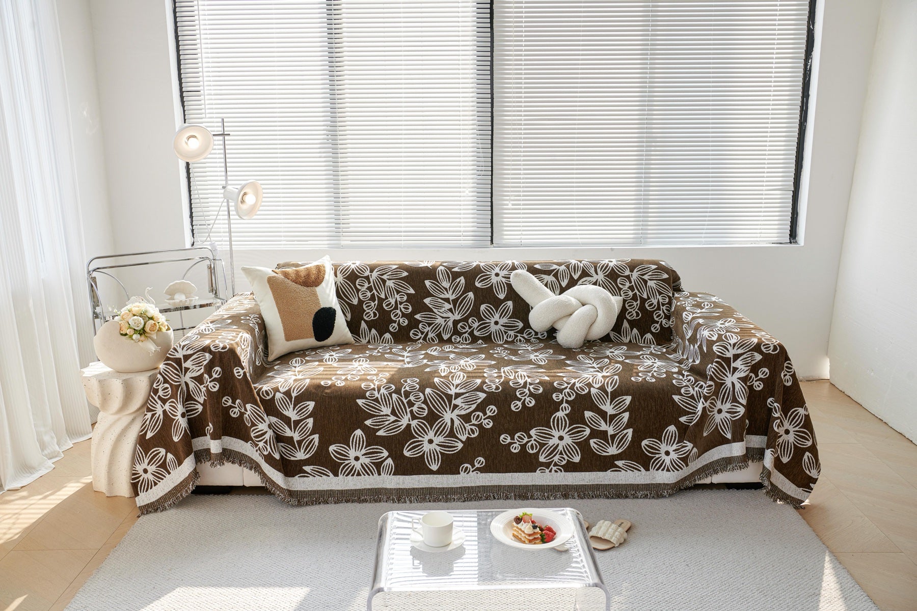 Sofa Decor Celia Floral Vine Fringe Sofa Throw Cover in Cocoa Vine - floral vine sofa throw cover styled couch cover in the UK, image 13