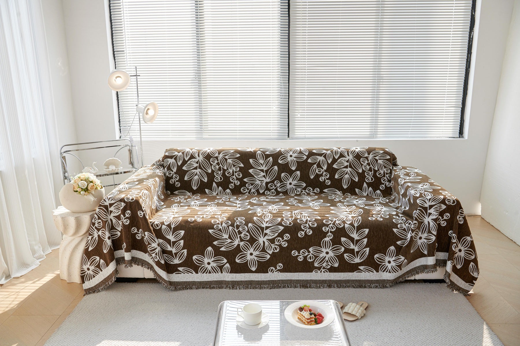 Sofa Decor Celia Floral Vine Fringe Sofa Throw Cover in Cocoa Vine - floral vine sofa throw cover full sofa styling in the UK, image 14