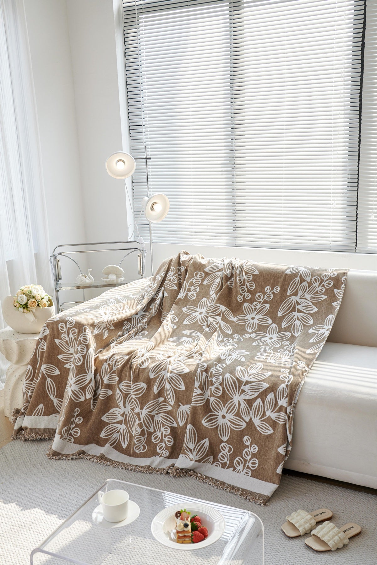 Sofa Decor Celia Floral Vine Fringe Sofa Throw Cover in Cocoa Vine - floral vine sofa throw cover styled couch cover in the UK, image 17