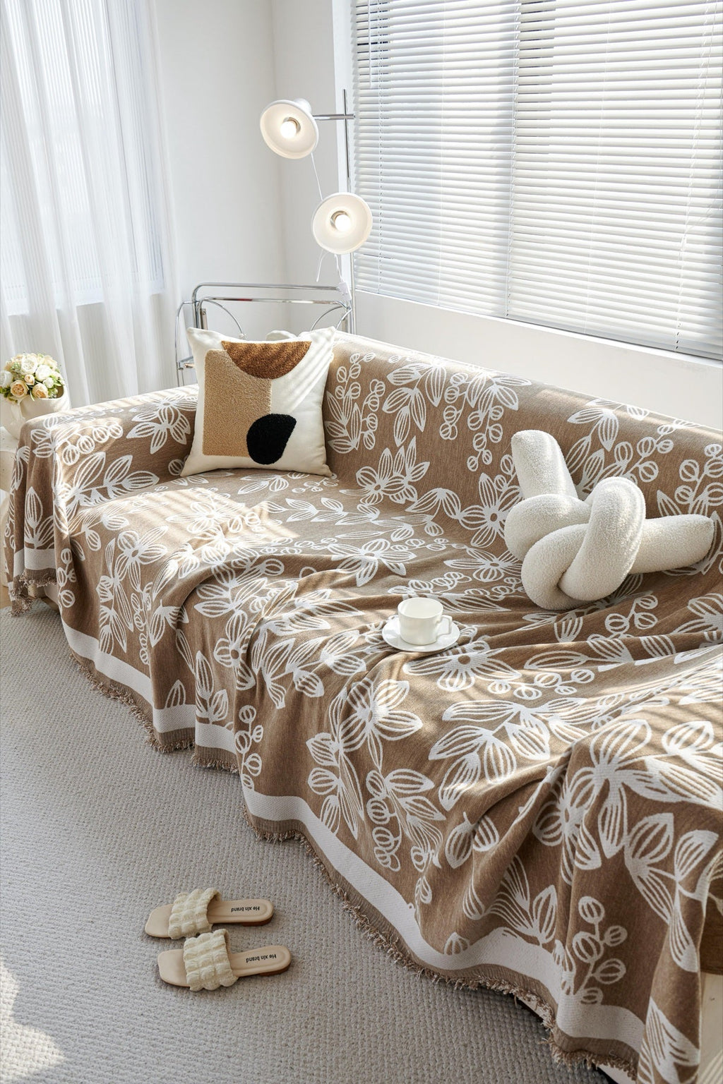 Sofa Decor Celia Floral Vine Fringe Sofa Throw Cover in Cocoa Vine - floral vine sofa throw cover styled couch cover in the UK, image 18