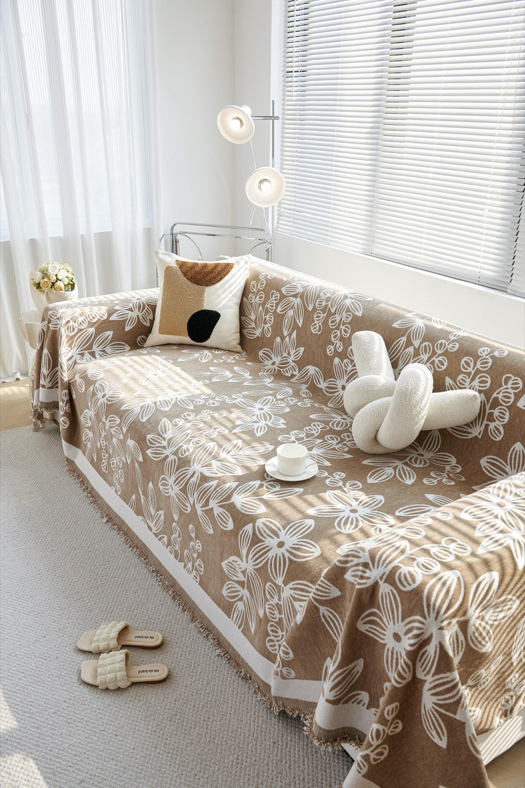 Sofa Decor Celia Floral Vine Fringe Sofa Throw Cover in Cocoa Vine - floral vine sofa throw cover styled couch cover in the UK, image 21