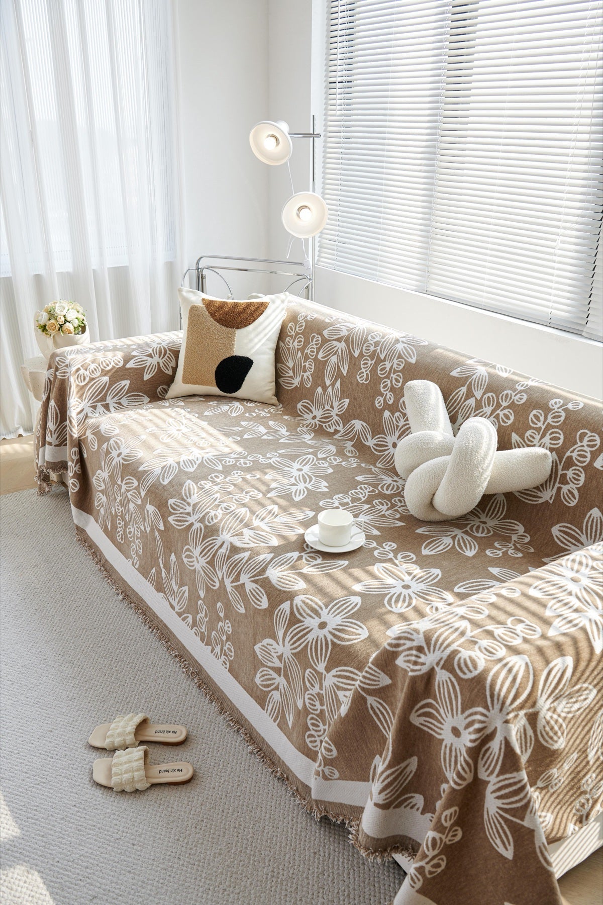 Sofa Decor Celia Floral Vine Fringe Sofa Throw Cover in Cocoa Vine - floral vine sofa throw cover styled couch cover in the UK, image 21