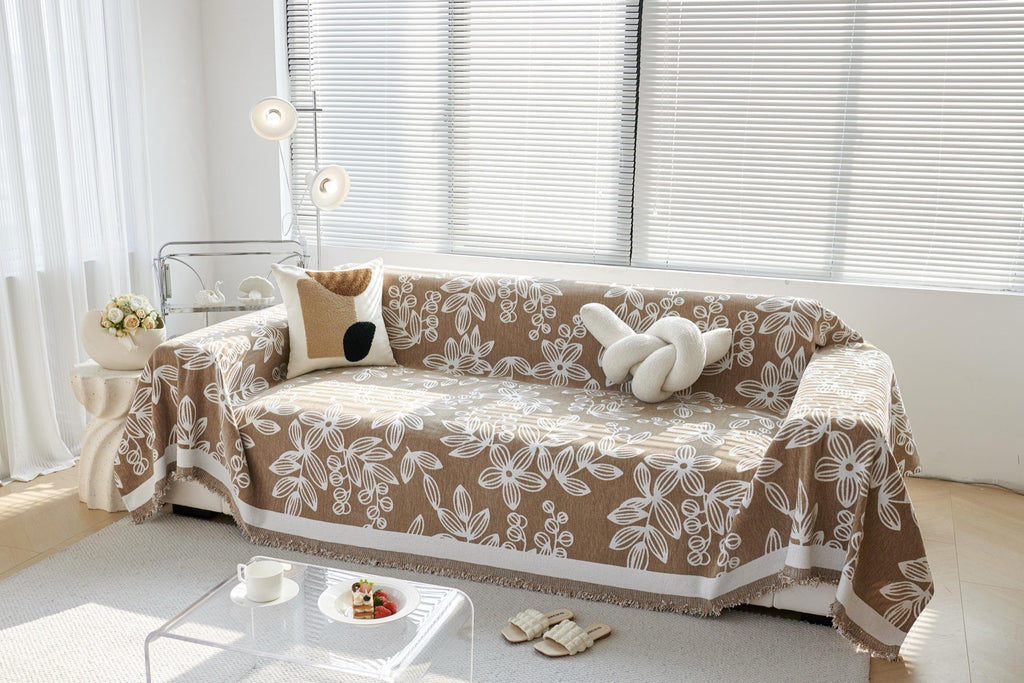 Sofa Decor Celia Floral Vine Fringe Sofa Throw Cover in Cocoa Vine - floral vine sofa throw cover styled couch cover in the UK, image 22