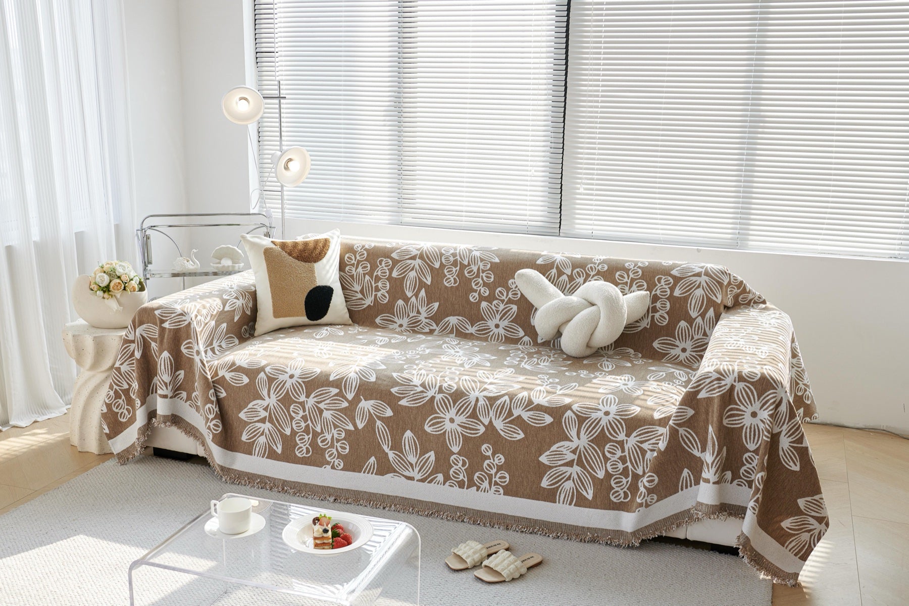 Sofa Decor Celia Floral Vine Fringe Sofa Throw Cover in Cocoa Vine - floral vine sofa throw cover styled couch cover in the UK, image 22