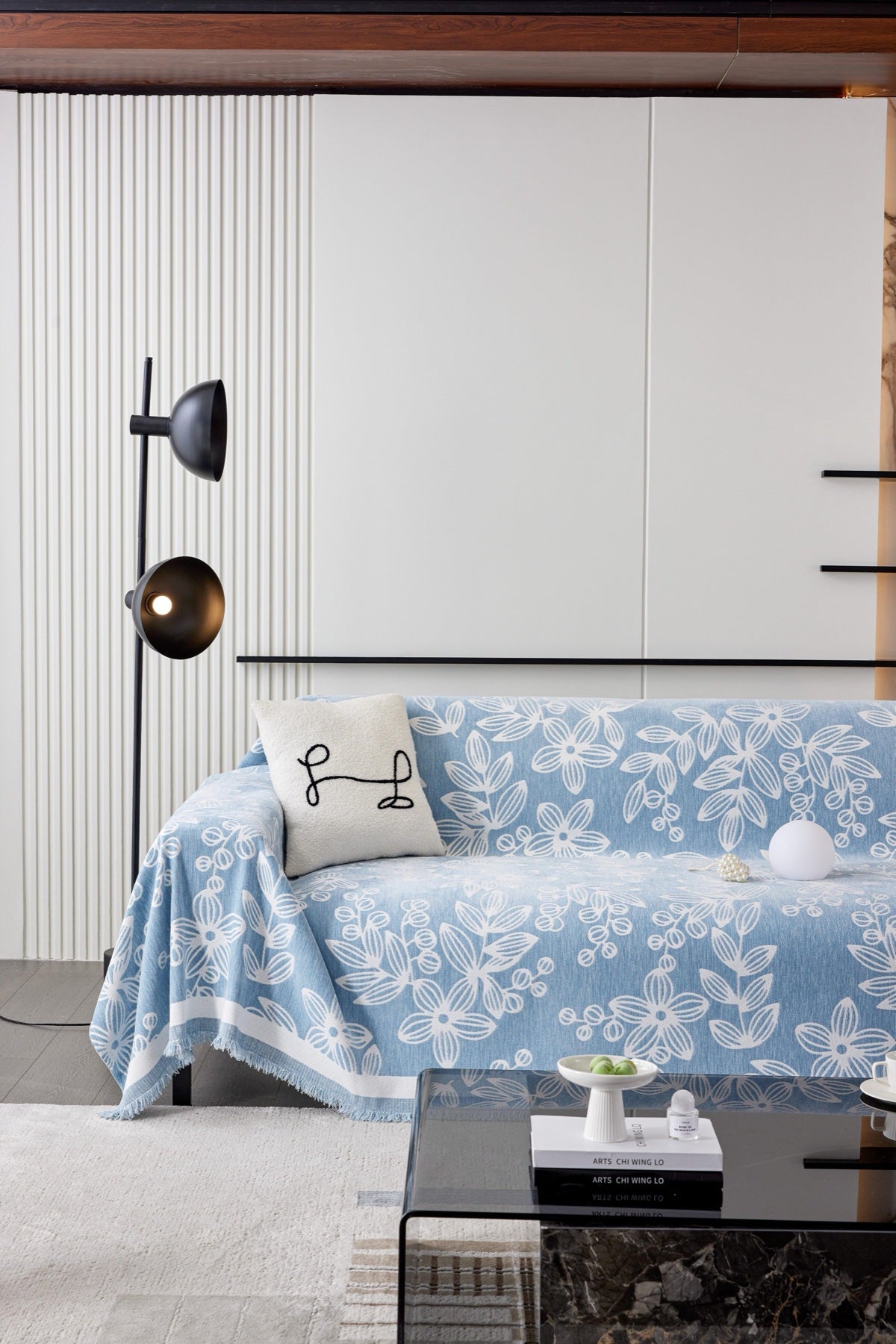 Sofa Decor Celia Floral Vine Fringe Sofa Throw Cover in Sky Blue - floral vine sofa throw cover full sofa styling in the UK, image 38