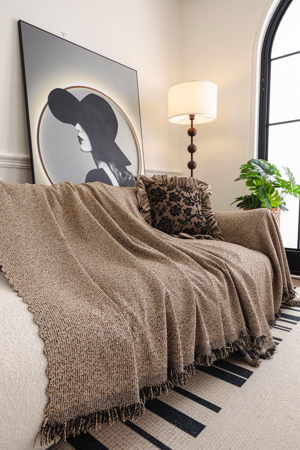 Sofa Decor Como Textured Boucle Fringe Sofa Throw Cover in Warm Taupe - textured boucle sofa throw cover styled couch cover in the UK, image 7