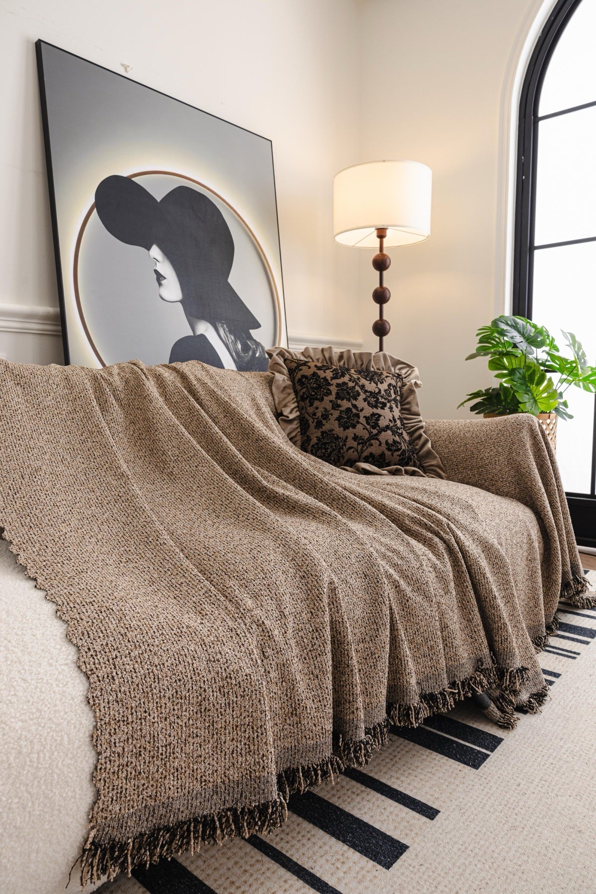 Sofa Decor Como Textured Boucle Fringe Sofa Throw Cover in Warm Taupe - textured boucle sofa throw cover styled couch cover in the UK, image 7