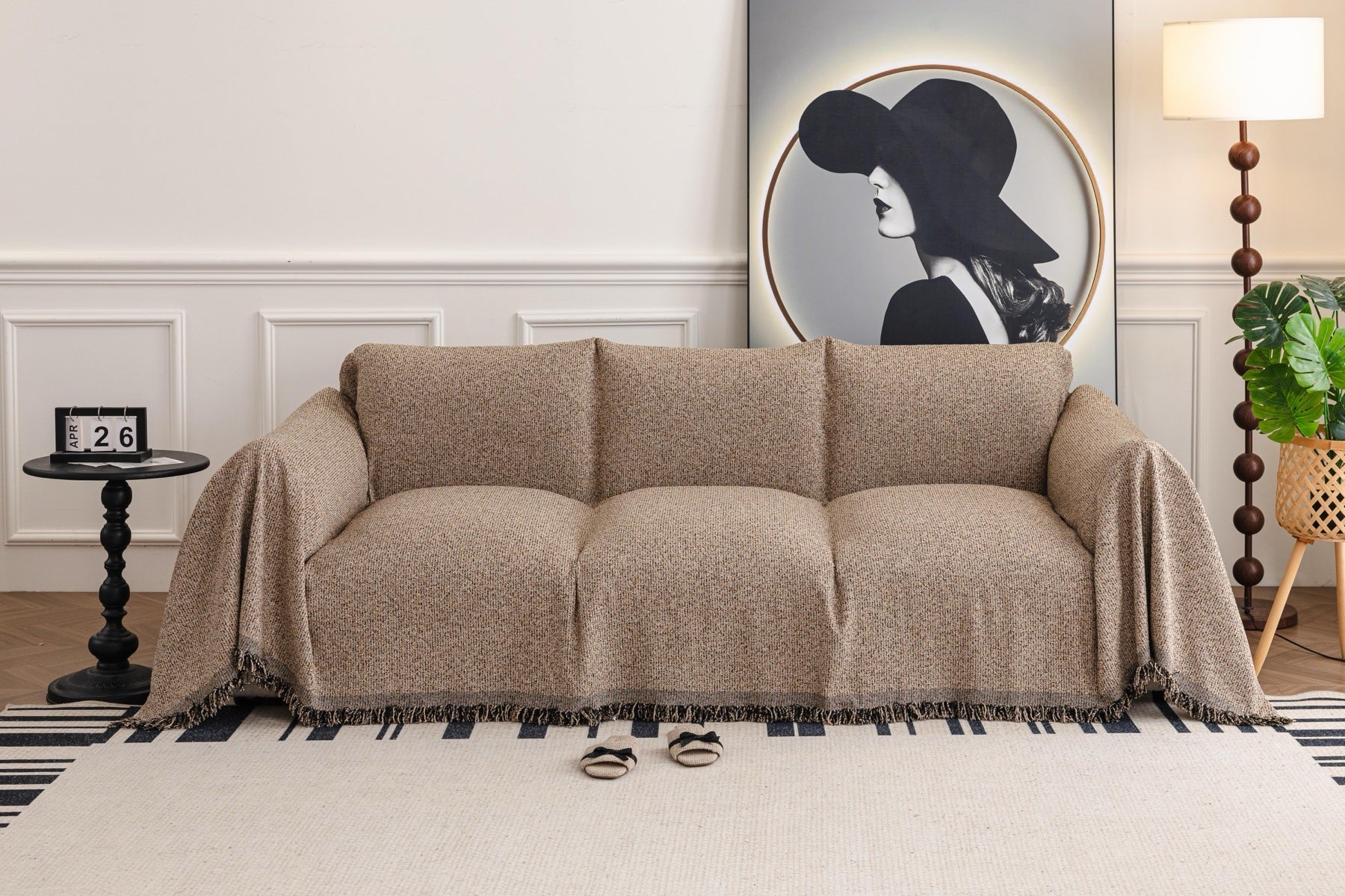 Sofa Decor Como Textured Boucle Fringe Sofa Throw Cover in Warm Taupe - textured boucle sofa throw cover full sofa styling in the UK, image 9