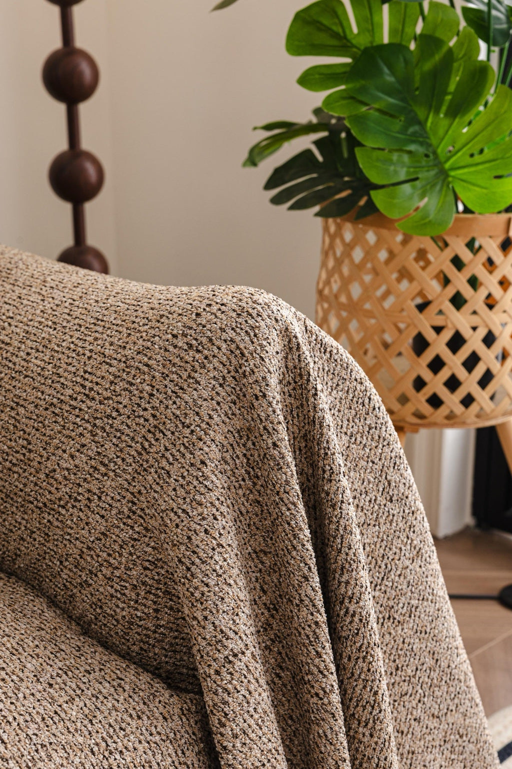 Sofa Decor Como Textured Boucle Fringe Sofa Throw Cover in Warm Taupe - textured boucle sofa throw cover styled couch cover in the UK, image 12