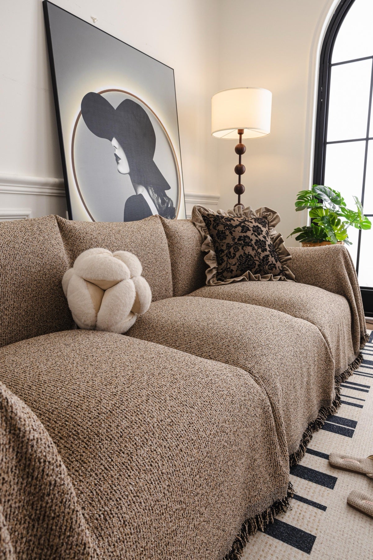 Sofa Decor Como Textured Boucle Fringe Sofa Throw Cover in Warm Taupe - textured boucle sofa throw cover styled couch cover in the UK, image 13