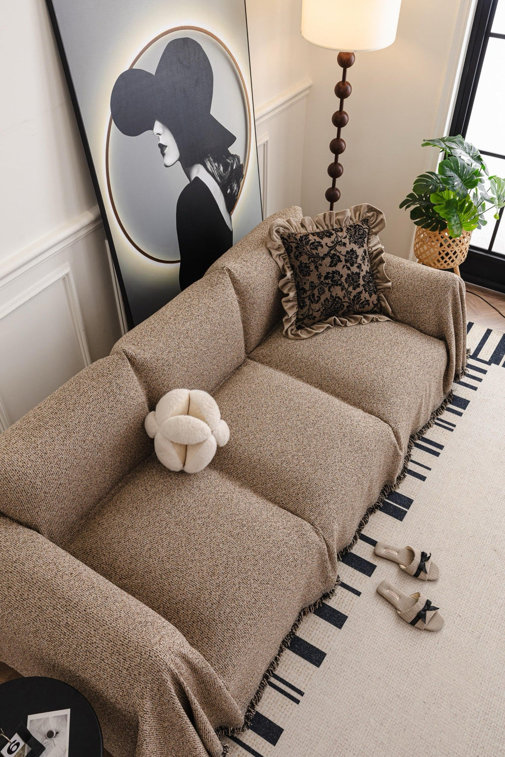 Sofa Decor Como Textured Boucle Fringe Sofa Throw Cover in Warm Taupe - textured boucle sofa throw cover styled couch cover in the UK, image 14