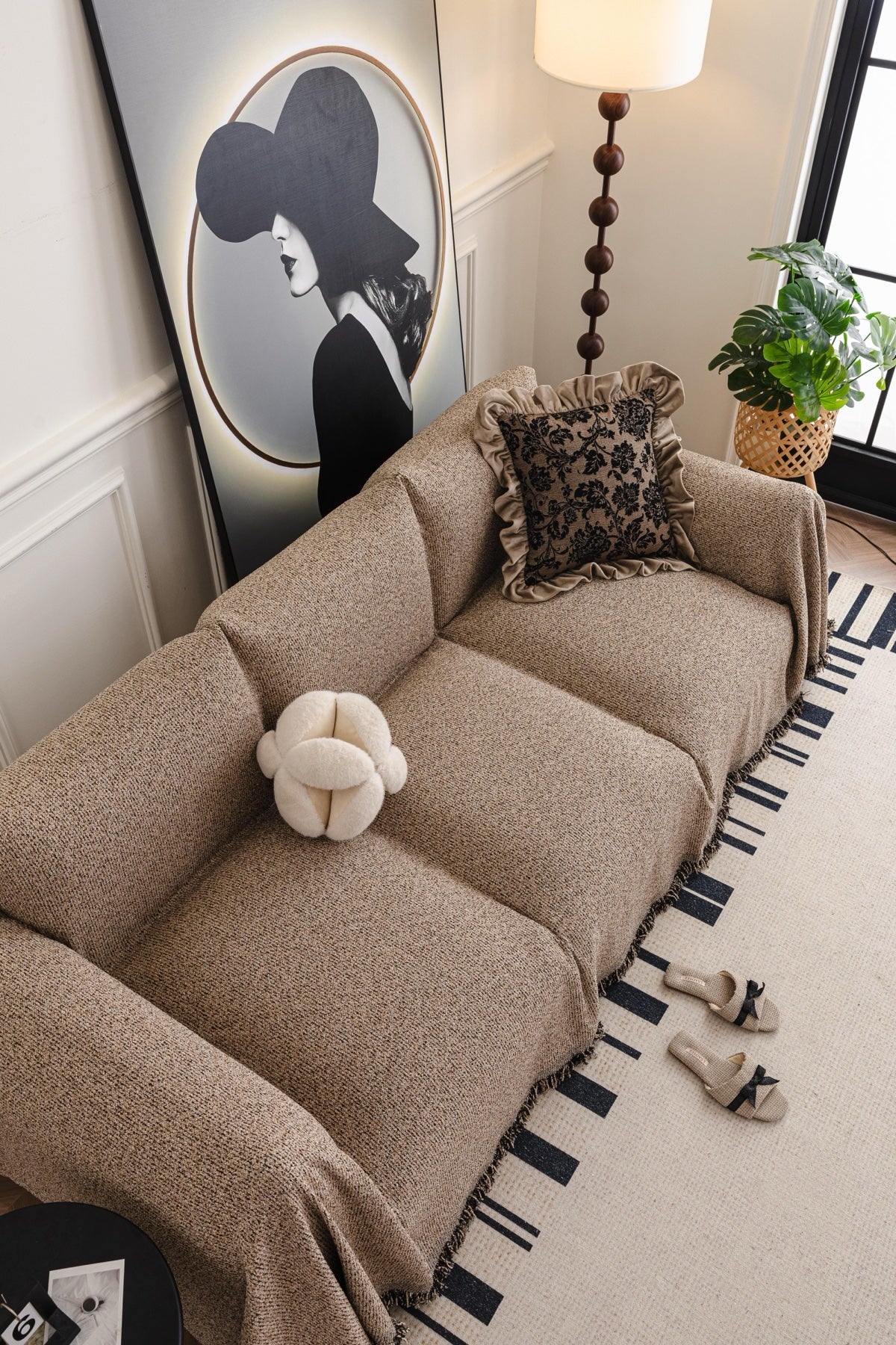 Sofa Decor Como Textured Boucle Fringe Sofa Throw Cover in Warm Taupe - textured boucle sofa throw cover styled couch cover in the UK, image 14