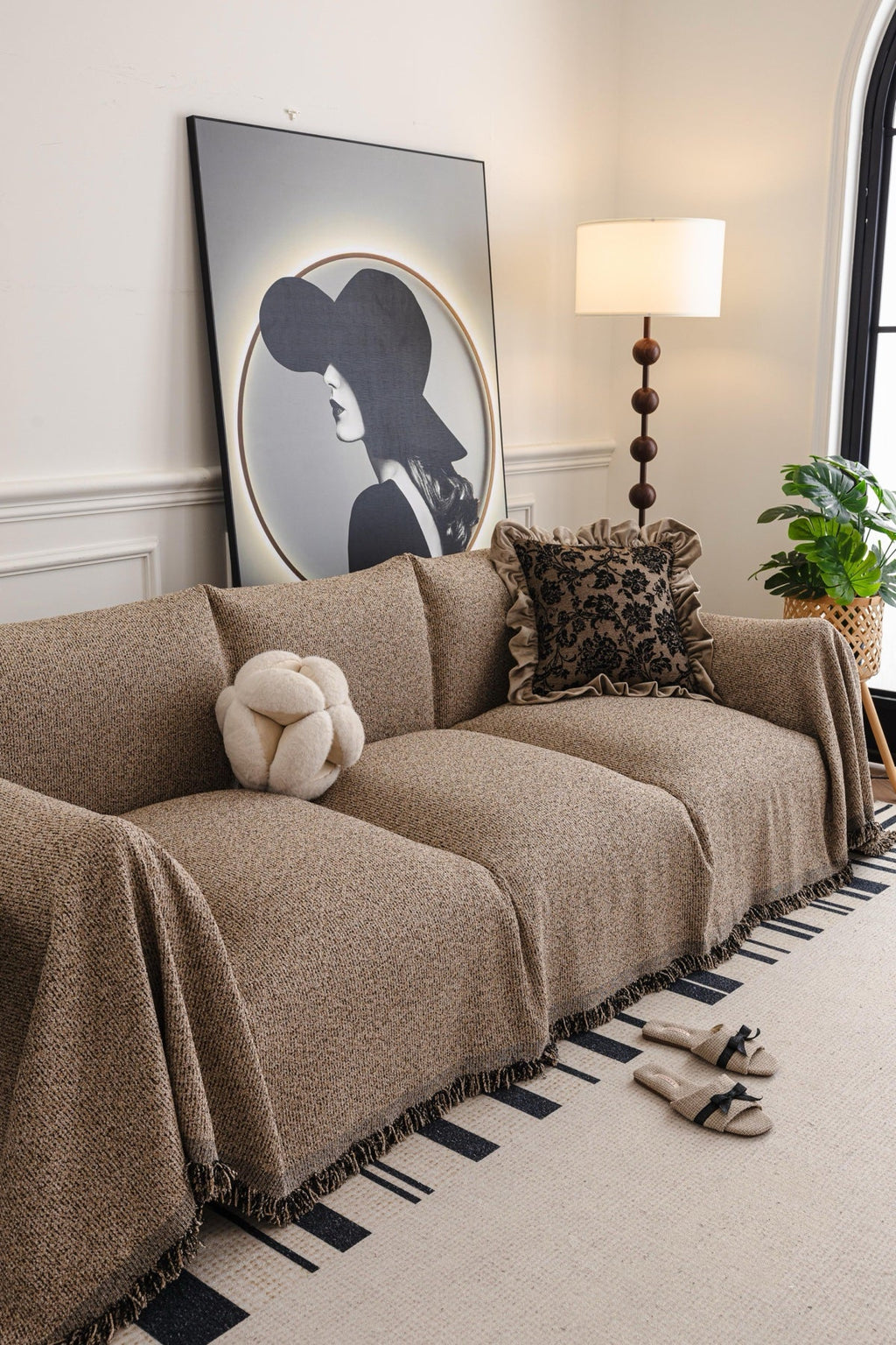 Sofa Decor Como Textured Boucle Fringe Sofa Throw Cover in Warm Taupe - textured boucle sofa throw cover styled couch cover in the UK, image 15