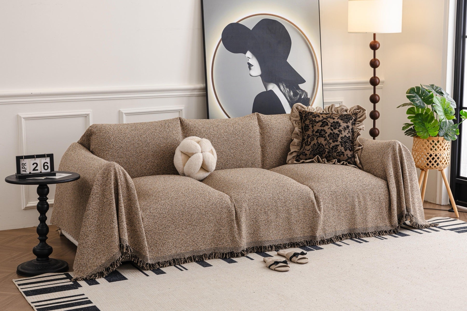 Sofa Decor Como Textured Boucle Fringe Sofa Throw Cover in Warm Taupe - textured boucle sofa throw cover full sofa styling in the UK, image 16